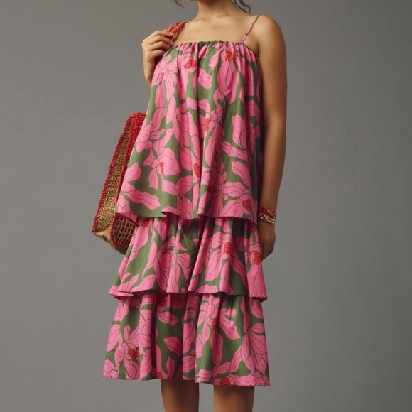 Corey Lynn Calter- NWT Pink and Green Floral Tiered Sleeveless Midi Dress - Picture 1 of 8